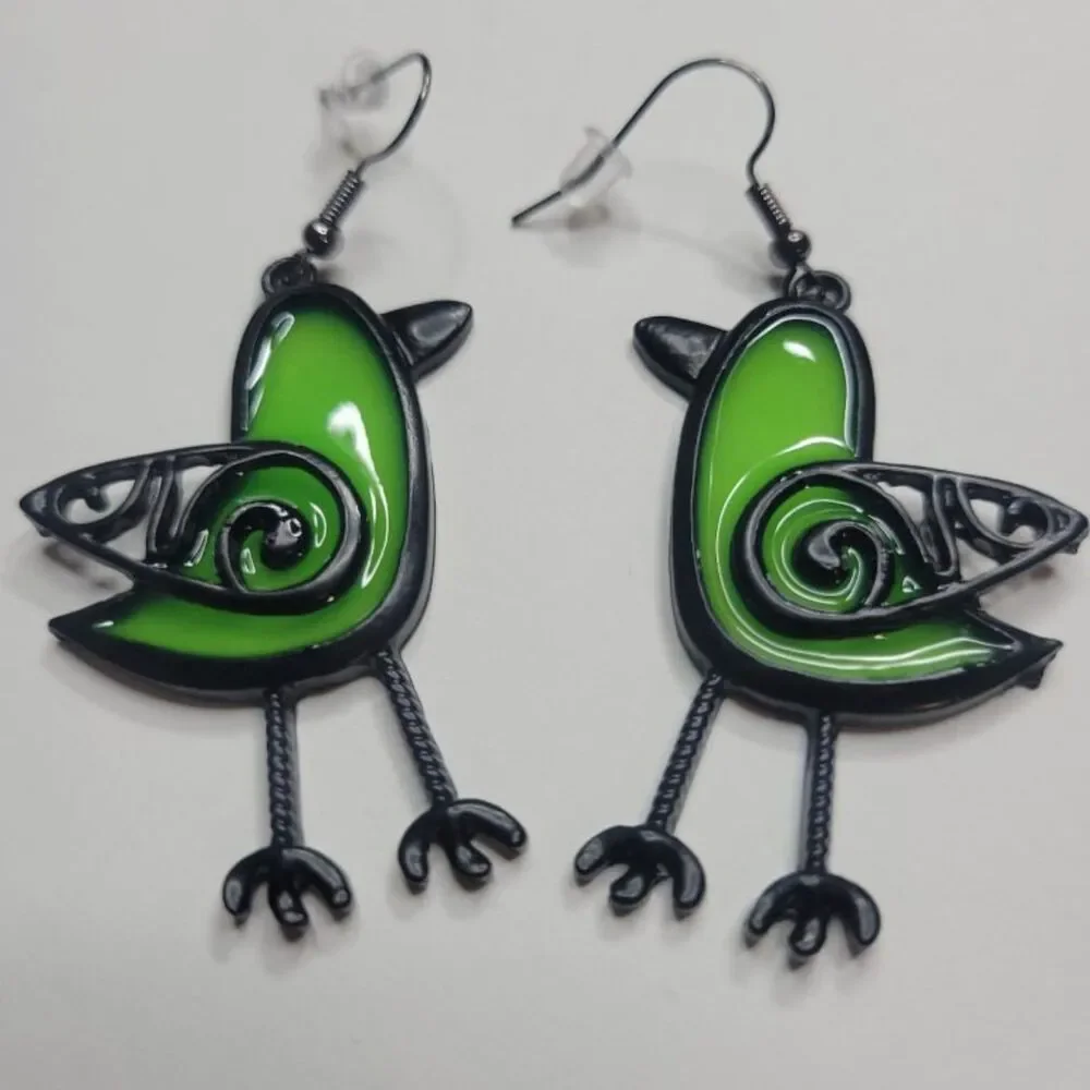 NWT 1970s Vintage Style Large Avocado Green Stained Glass Bird Earrings